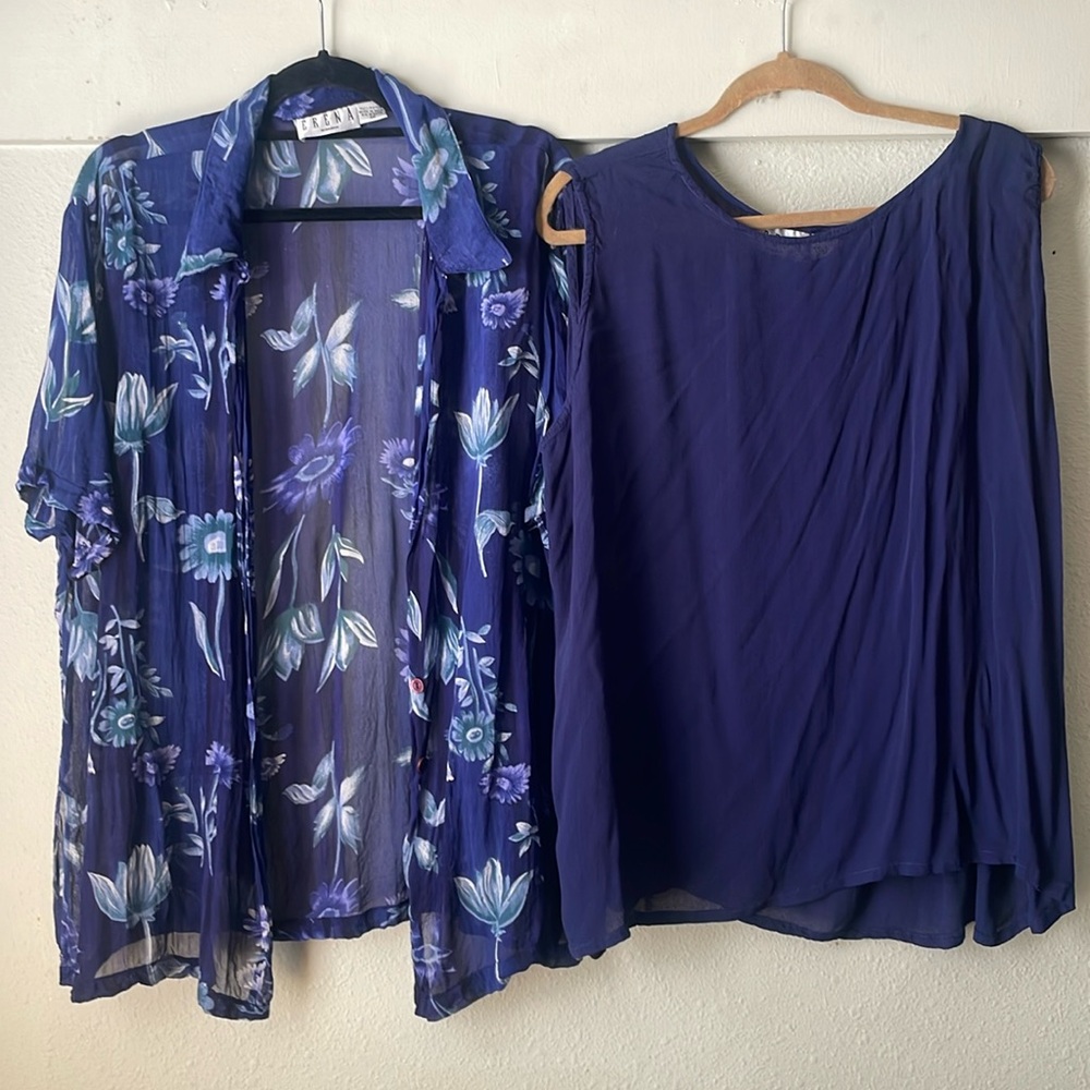 Vintage Erena Woman matching two piece sheer rayon tank & button down